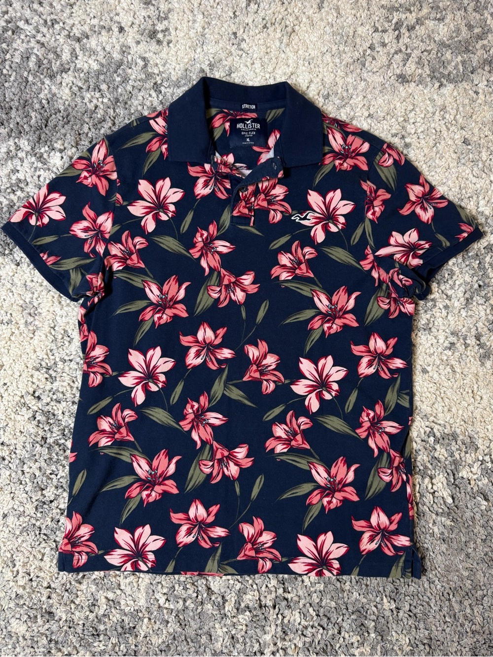 Hollister, Navy Short Sleeve Navy Blue Polo with Pink Floral Print, XL